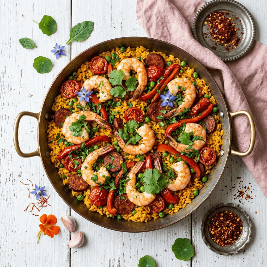 Shrimp and Chorizo Paella with Saffron and Smoked Paprika