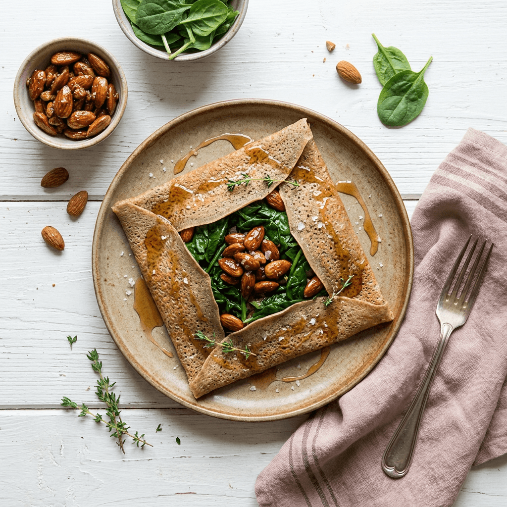Breton Buckwheat Galette with Maple-Glazed Almonds and Fresh Spinach