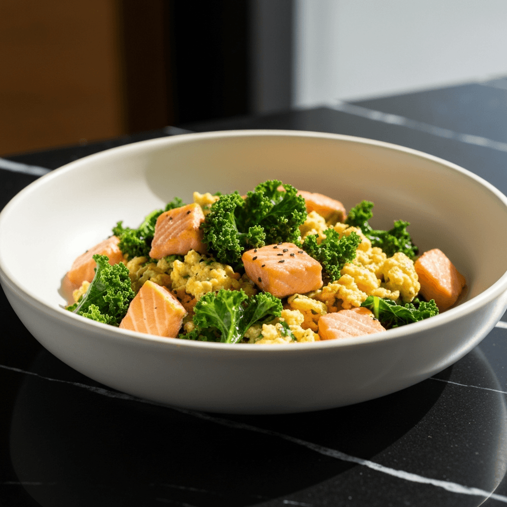 Atlantic Salmon and Wilted Kale Breakfast Scramble