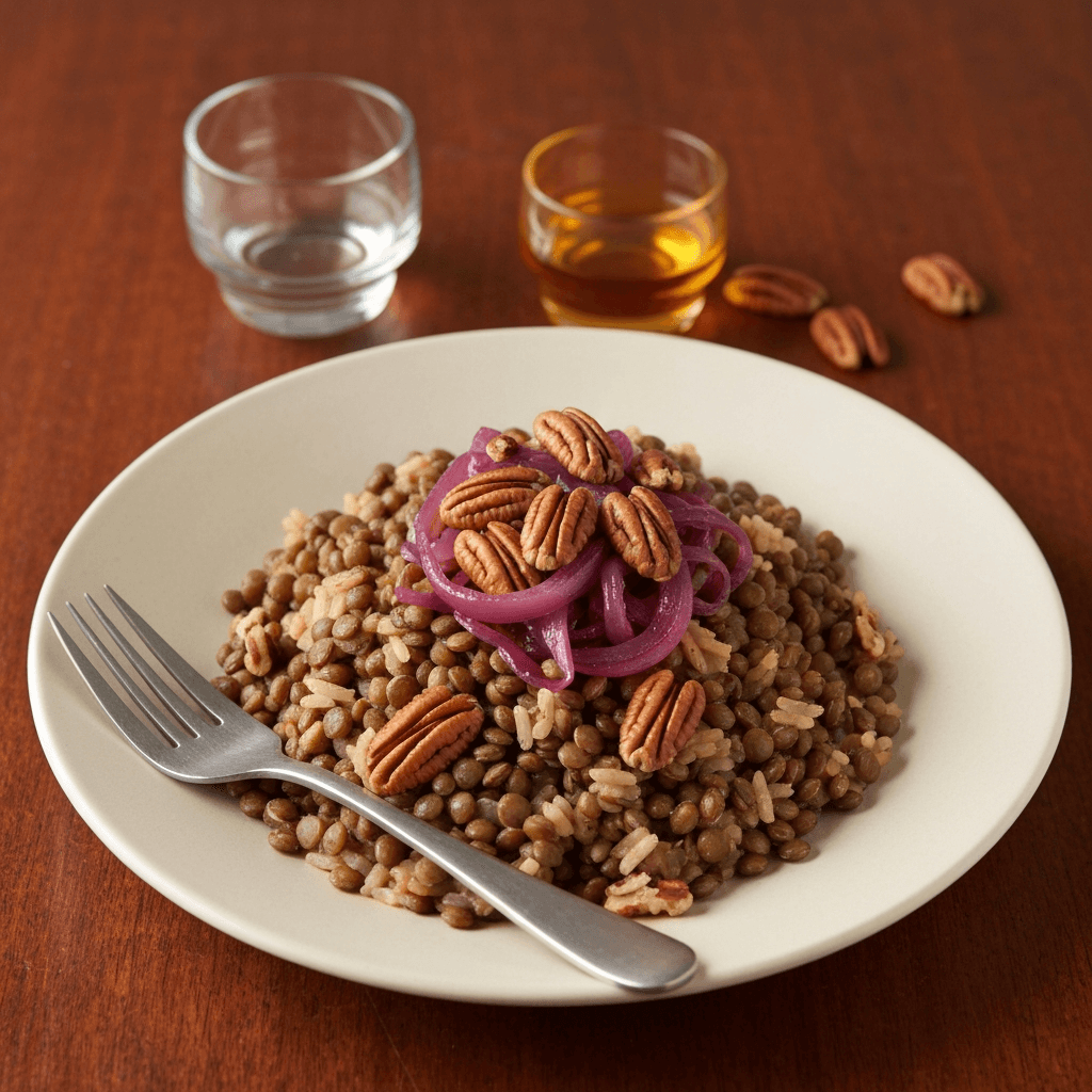 Mujaddara with Caramelized Red Onions and Toasted Pecans