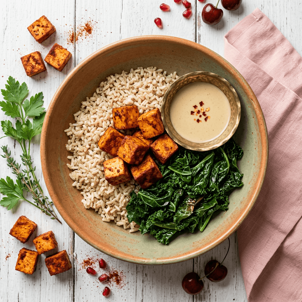 Smoked Paprika-Spiced Baked Tofu and Brown Rice Bowl with Wilted Kale
