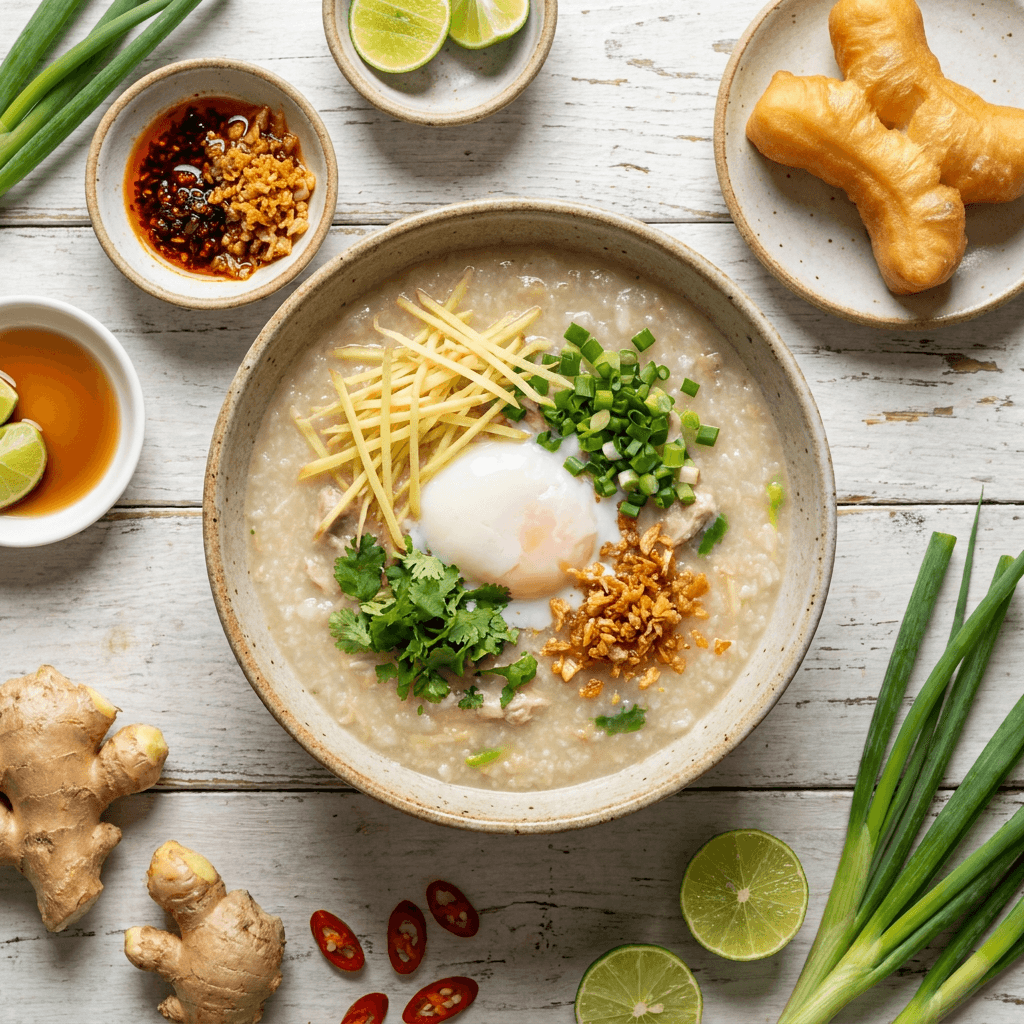 Jok Gai (Thai Chicken Rice Porridge) with Fresh Ginger and Scallion
