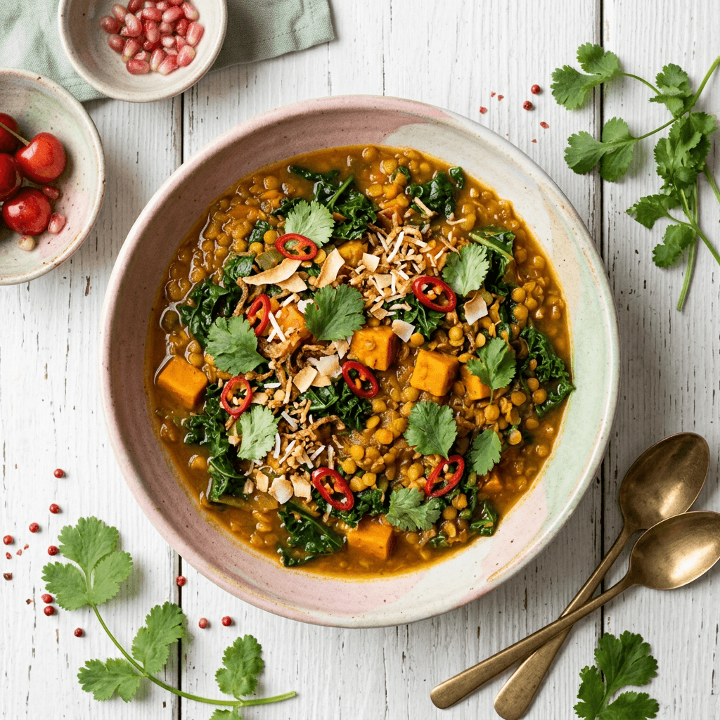 Caribbean-Style Curried Lentil and Sweet Potato Stew with Wilted Kale