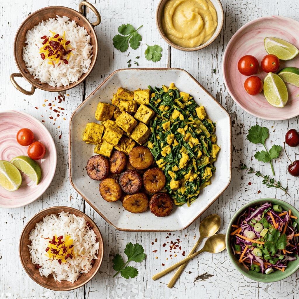Caribbean Curried Tofu and Callaloo Scramble with Fried Plantain