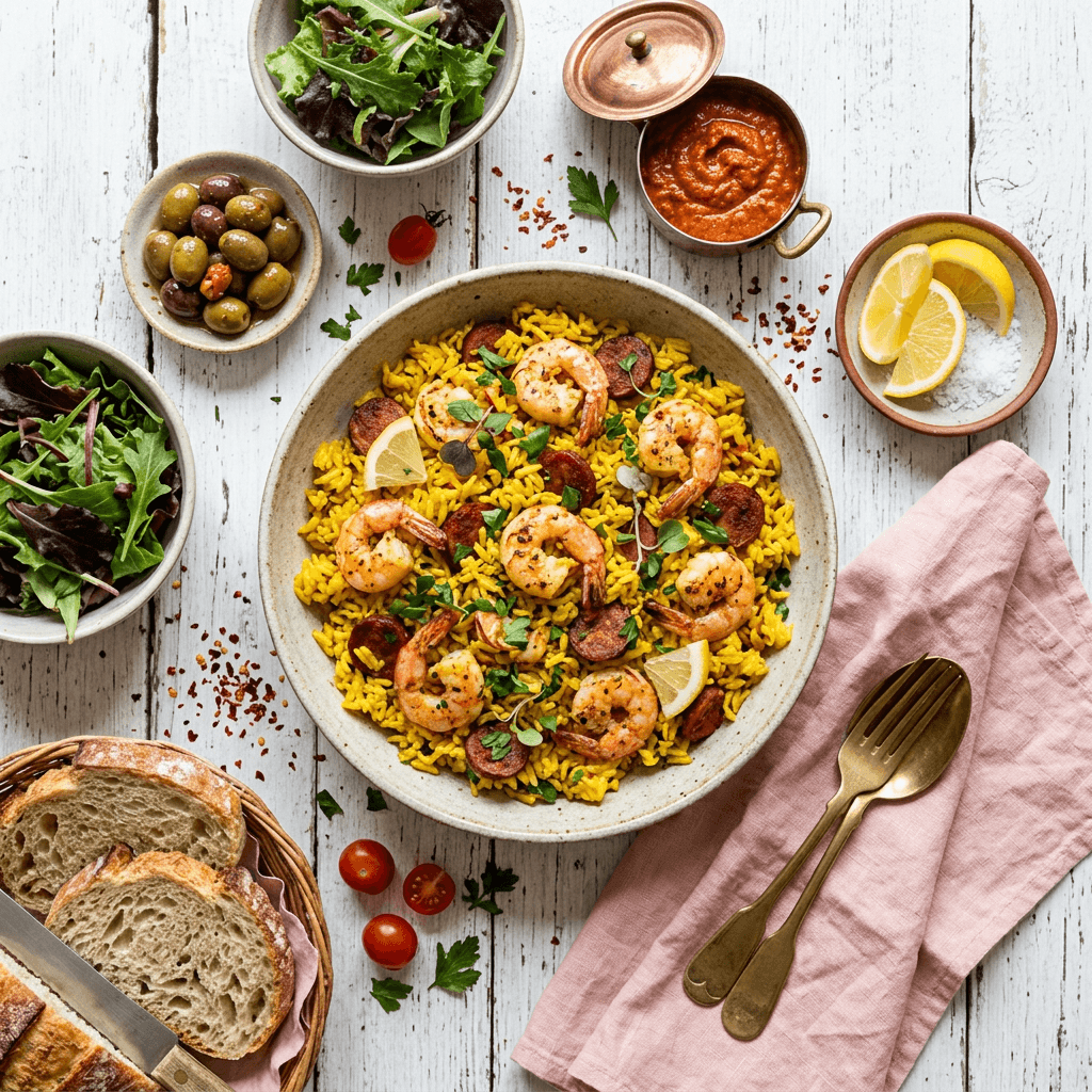 Shrimp and Chorizo Paella-Style Rice with Saffron and Smoked Paprika