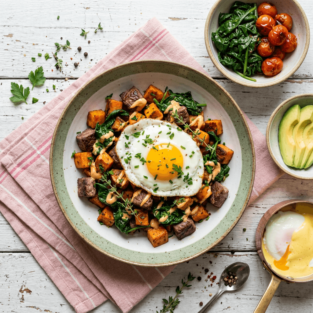 Steak and Sweet Potato Breakfast Hash with Wilted Spinach