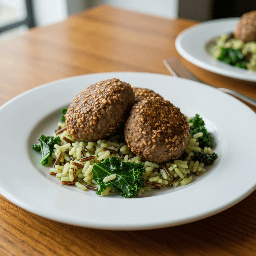 Za'atar-Crusted Lamb Koftas with Herbed Wild Rice and Wilted Tuscan Kale