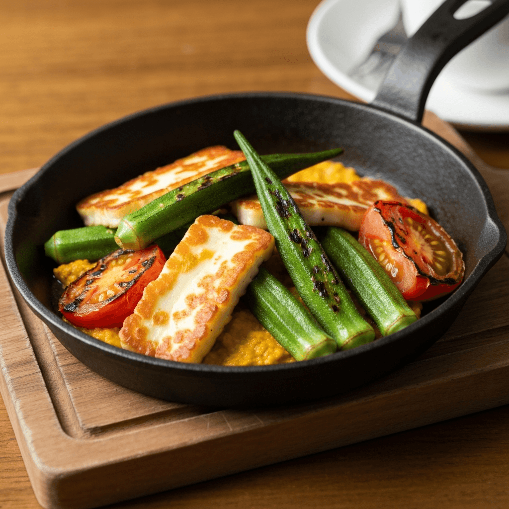Halloumi and Okra Skillet with Turmeric and Charred Tomato