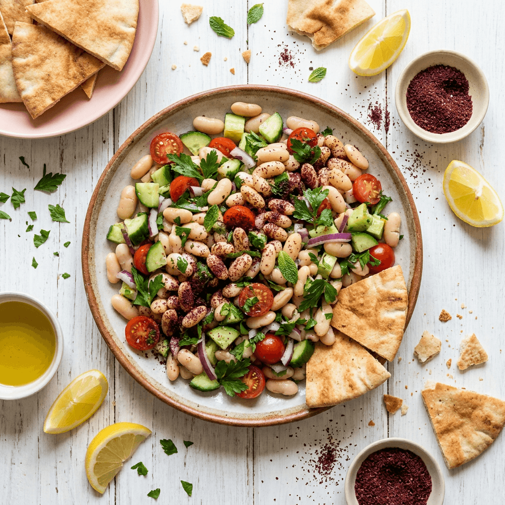 Mediterranean White Bean & Sumac Salad with Crisp Pita