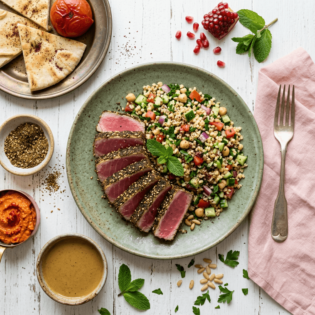 Pan-Seared Ahi Tuna with Za'atar Crust and Mediterranean Bulgur Salad