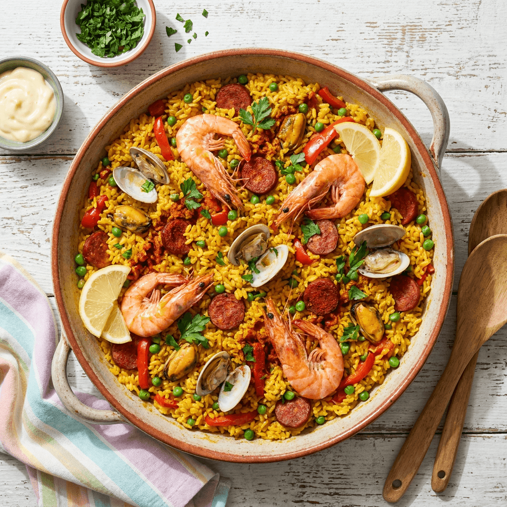 Shrimp and Chorizo Paella with Saffron and Sofrito