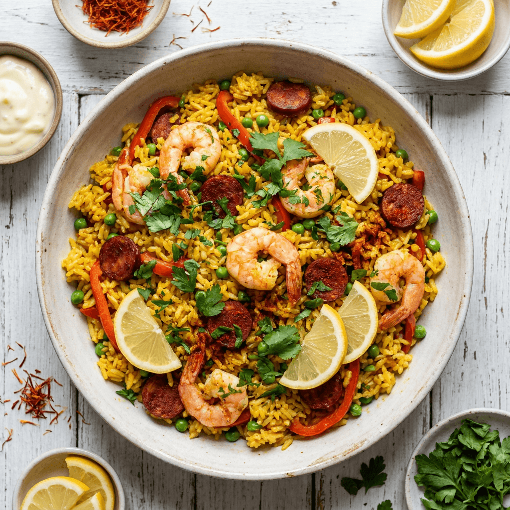 Shrimp and Chorizo Paella-Style Rice with Smoked Paprika and Saffron