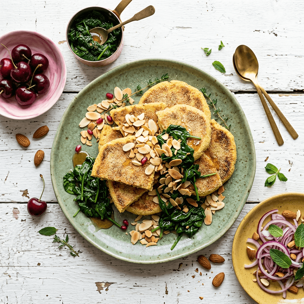 Harcha with Toasted Almonds and Honey-Kissed Spinach
