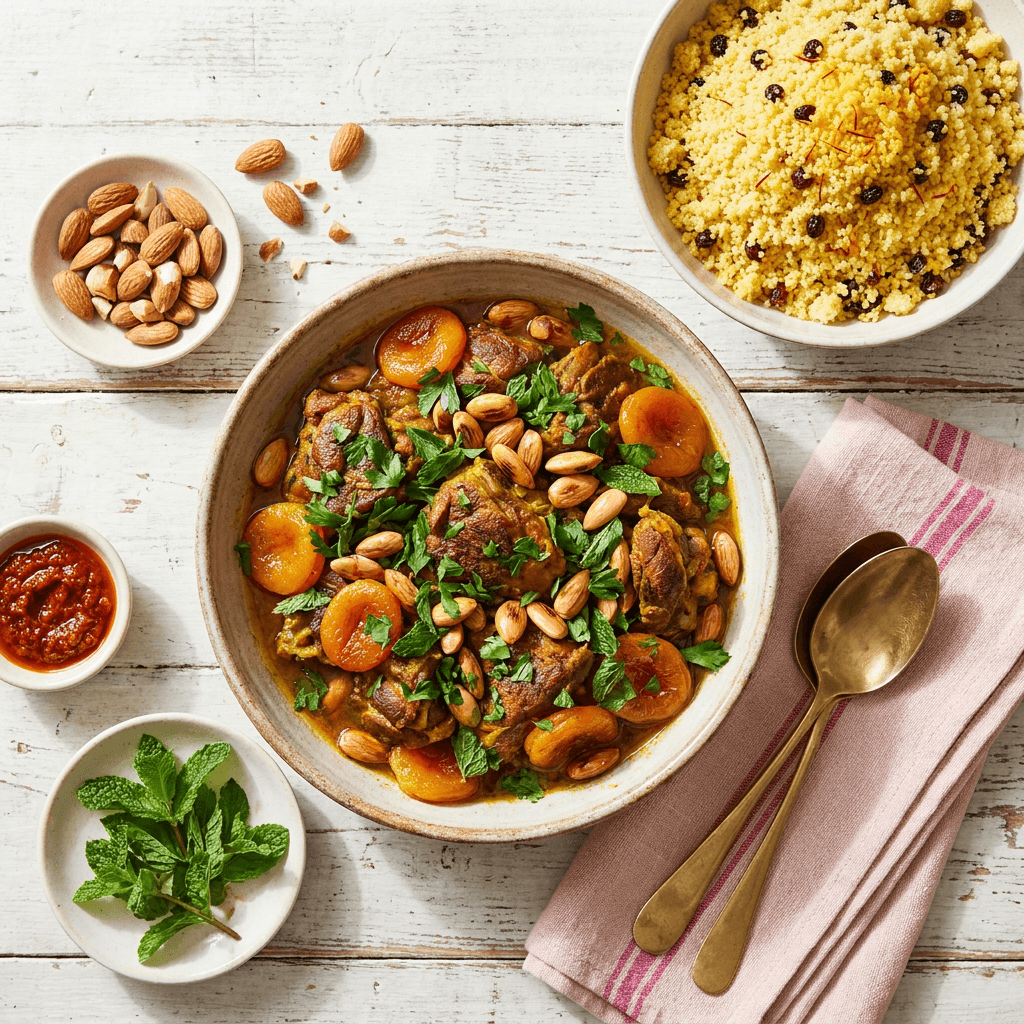 Moroccan Spiced Lamb and Apricot Tagine with Toasted Almonds and Fluffy Couscous