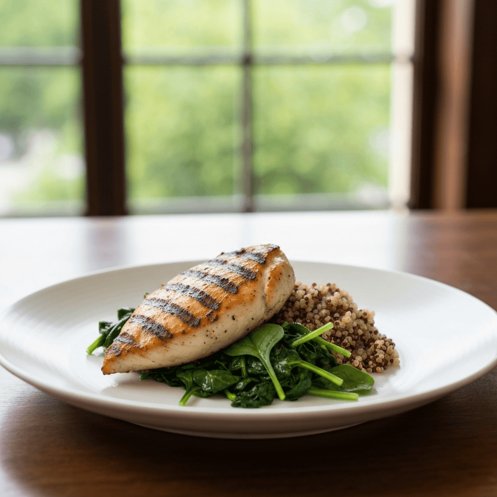 Poulet et Épinards à la Provençale (Grilled Chicken Breast with Sautéed Spinach and Quinoa)
