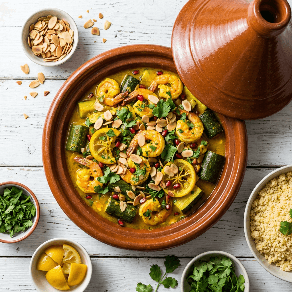 Shrimp and Zucchini Tagine with Preserved Lemon and Toasted Almonds