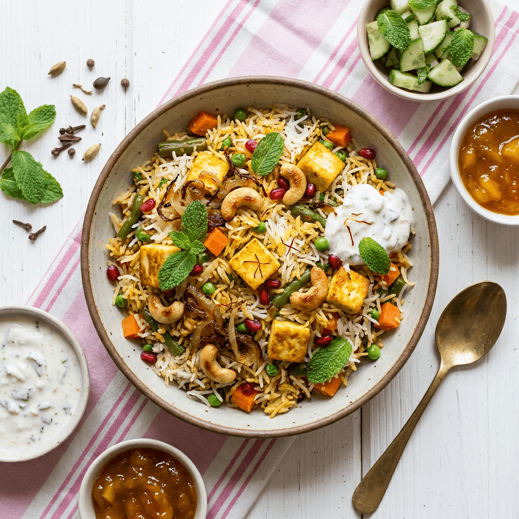 Paneer and Vegetable Biryani with Fresh Mint and Fried Cashews