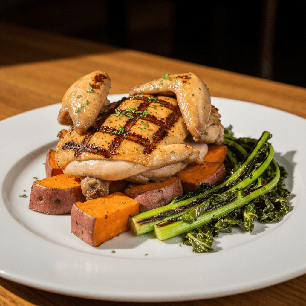 Grilled Chicken Inasal-Style with Charred Mustard Greens and Roasted Sweet Potato
