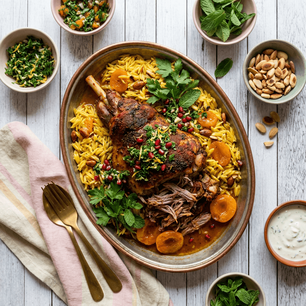 Smoky Paprika Roasted Lamb Shoulder with Saffron Orzo and Apricot-Almond Gremolata