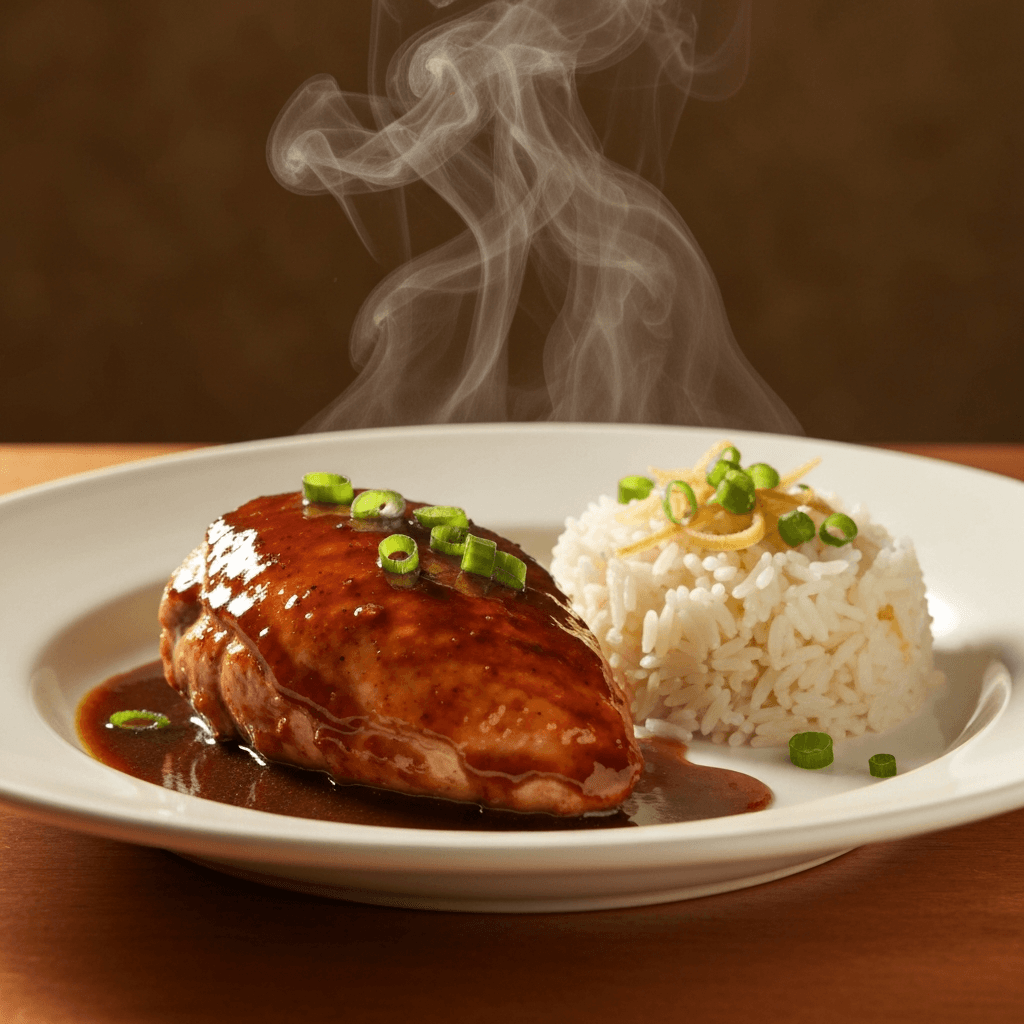 Adobo-Style Braised Chicken Breast with Ginger and Scallion Scented Jasmine Rice