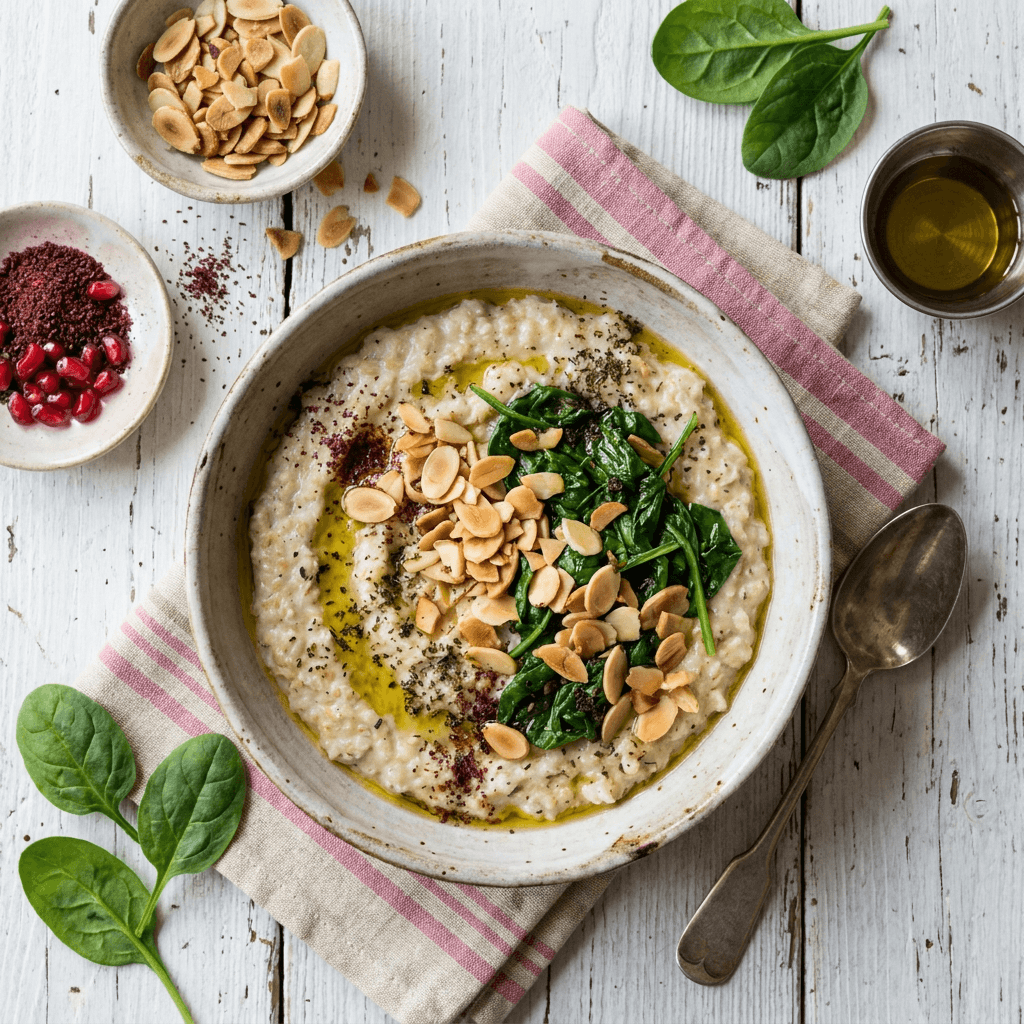 Kishk Porridge with Toasted Almonds and Wilted Spinach