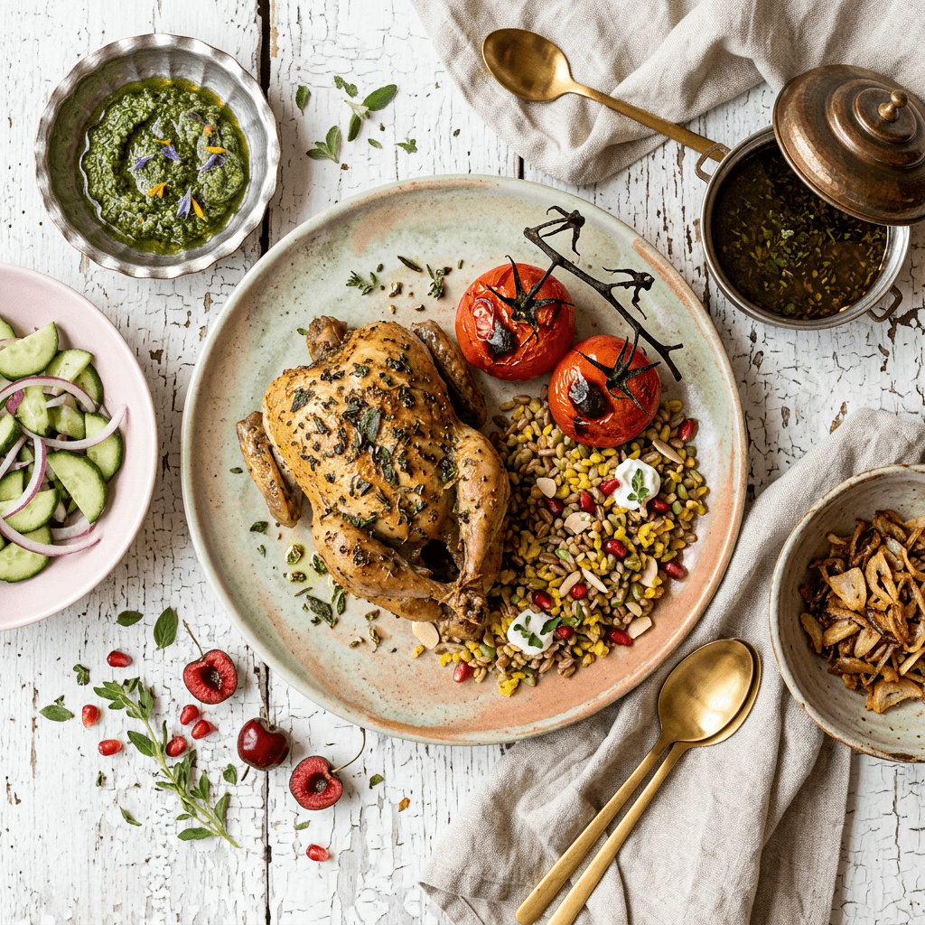 Herb-Roasted Quail with Charred Roma Tomato and Mediterranean Grain Blend