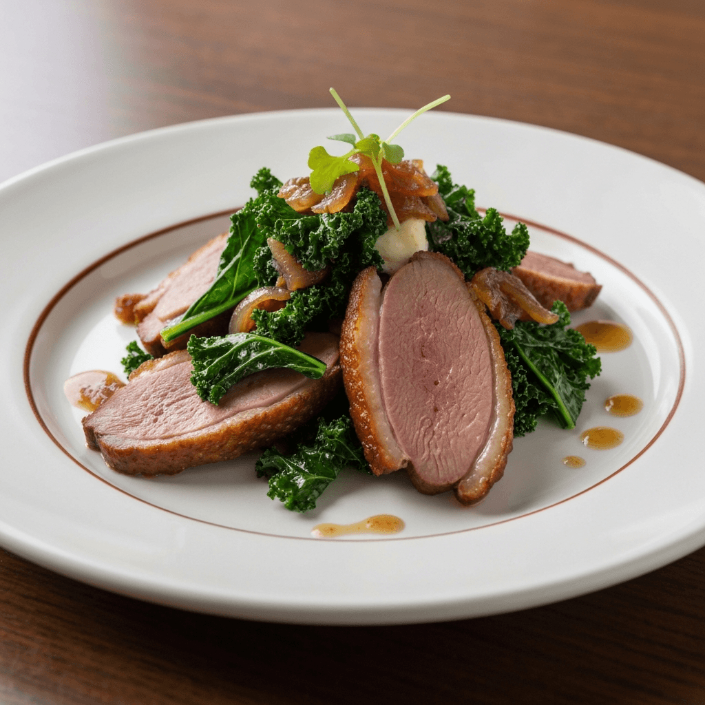 Duck Confit Hash with Sautéed Tuscan Kale and Braised Onions