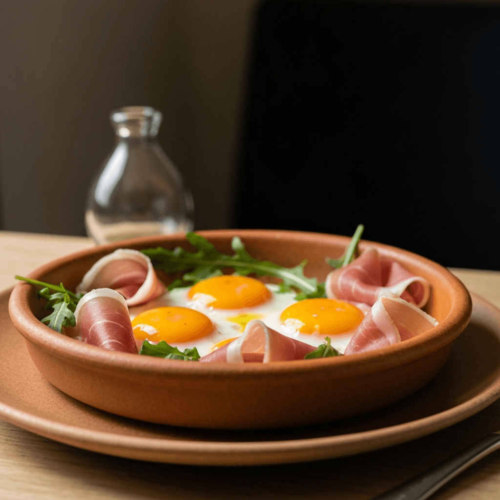Uova in Purgatorio con Prosciutto e Arugula (Eggs in Purgatory with Prosciutto)