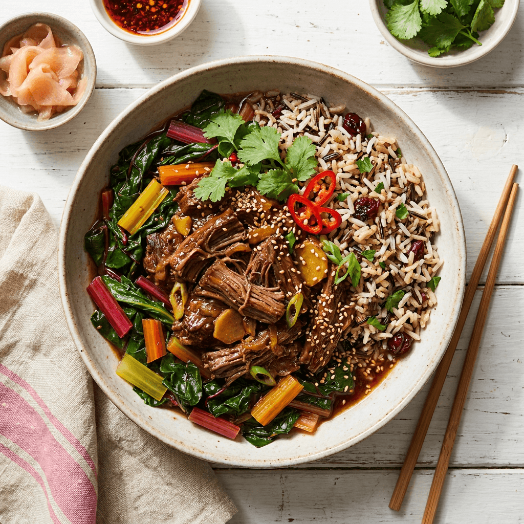 Ginger-Braised Bison with Wilted Rainbow Chard and Wild Rice Blend
