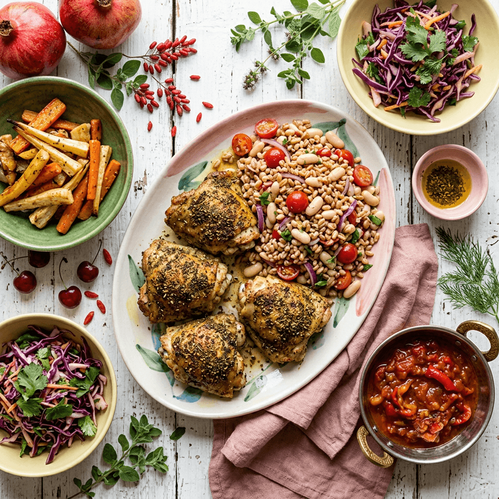 Za'atar Roasted Chicken Thighs with Warm Farro and White Bean Salad