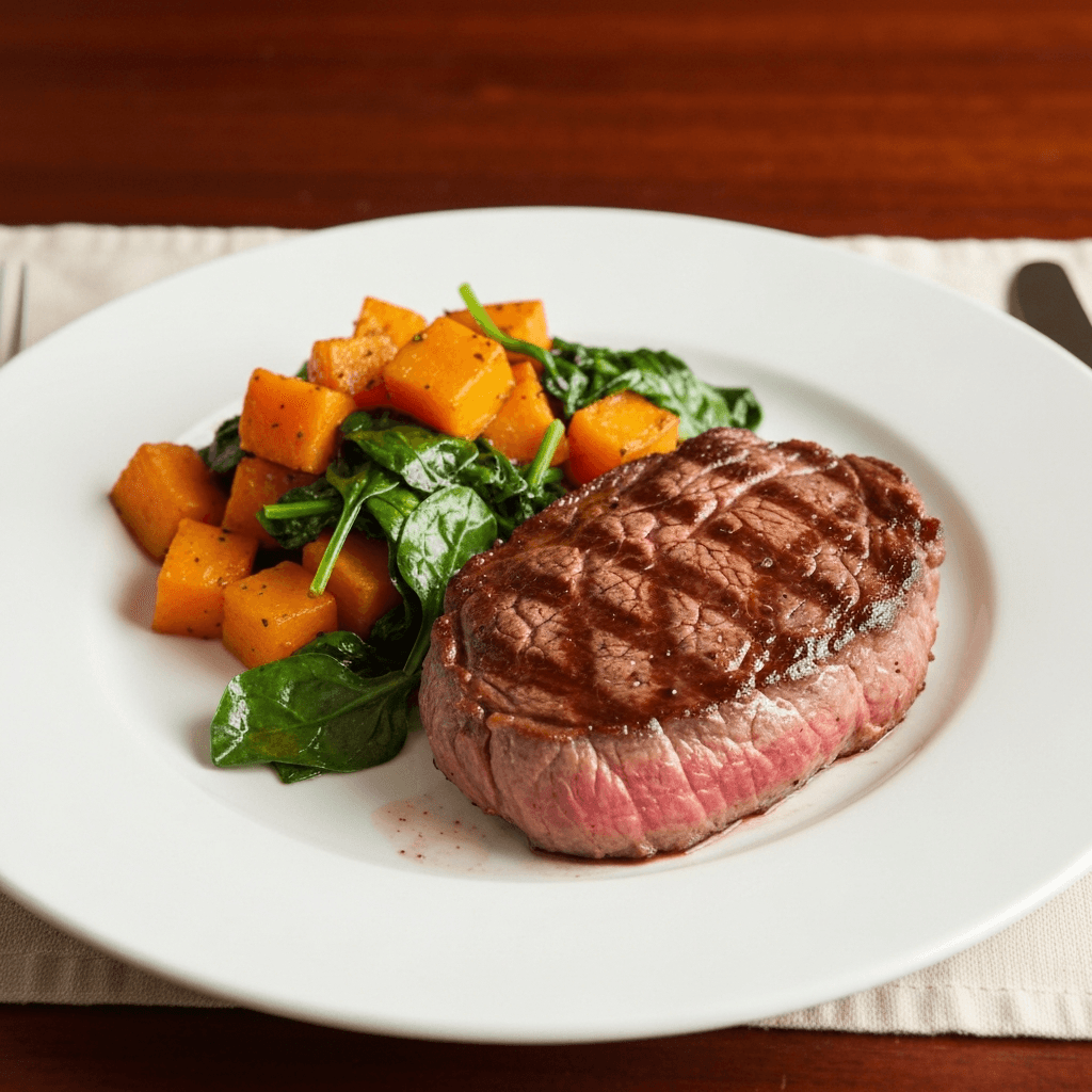 Pan-Seared Grass-Fed Beef Steak with Roasted Butternut Squash and Wilted Spinach