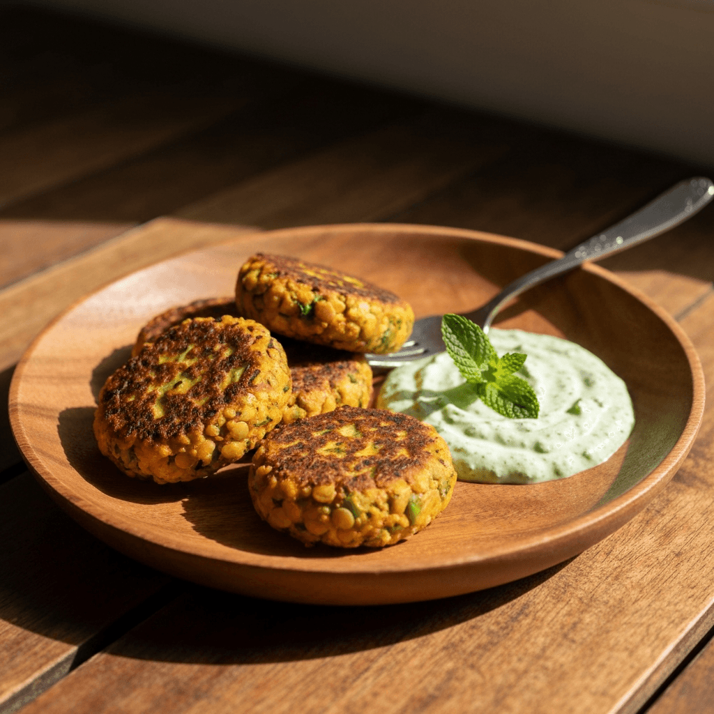 Spiced Lentil and Vegetable Patties with Minted Yogurt Sauce