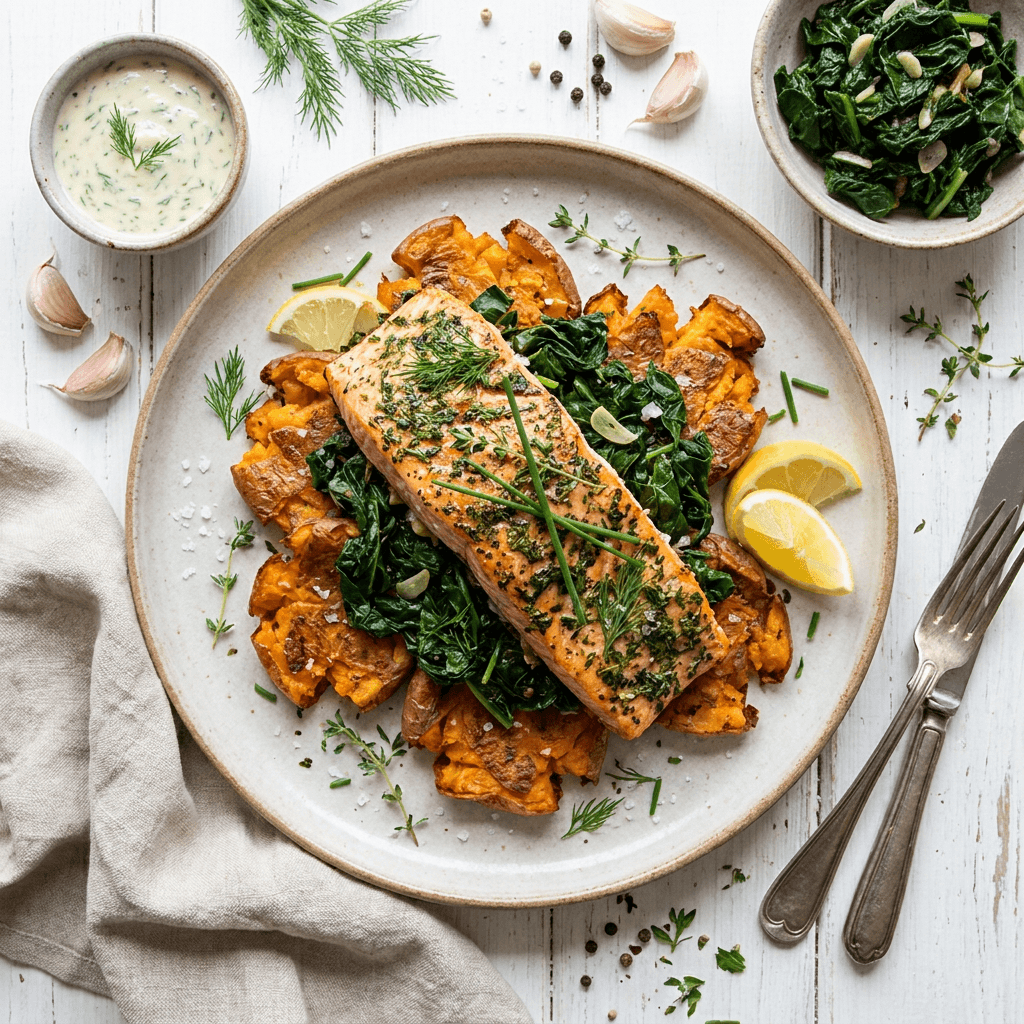 Herb-Roasted Salmon with Crispy Smashed Sweet Potatoes and Garlic-Wilted Callaloo