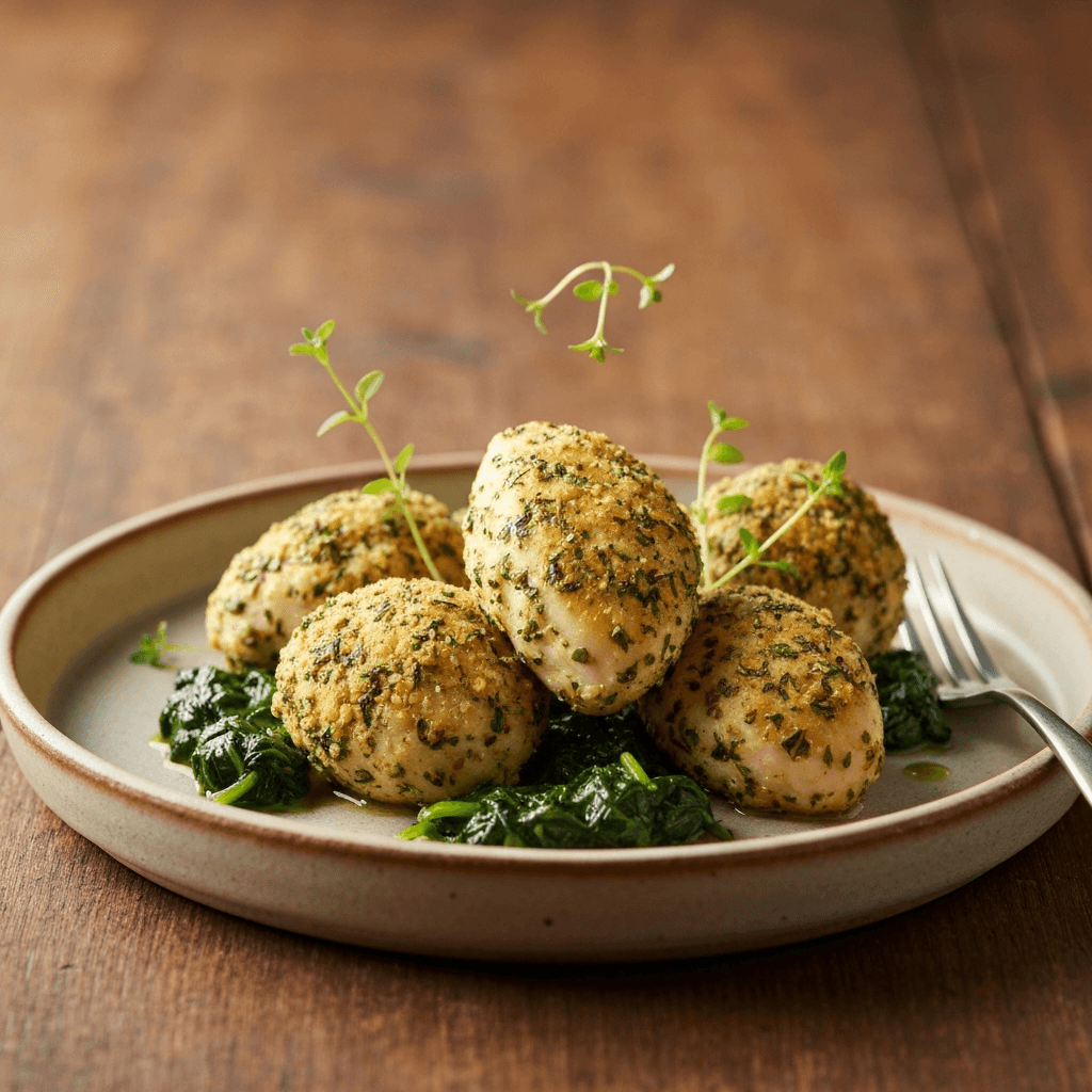 Poulet aux Fines Herbes (Herbed Chicken Breast Bites with Lemon-Spinach)