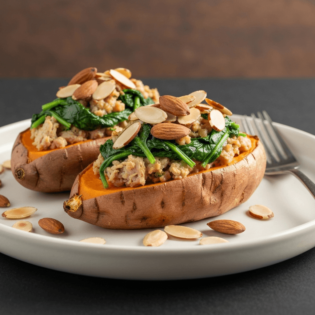 Turkey and Spinach Stuffed Sweet Potato with Toasted Almonds