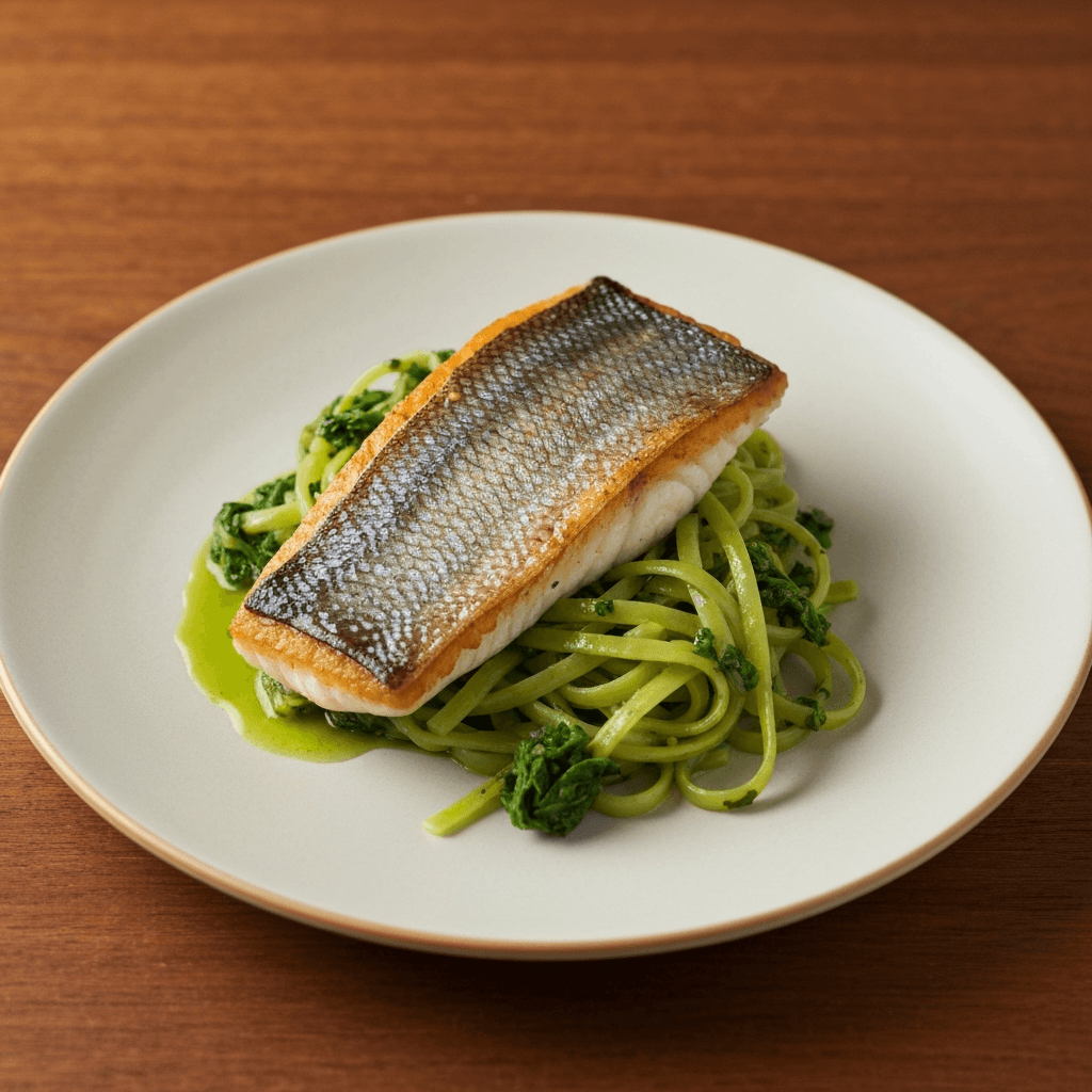 Pan-Seared Branzino with Shiro Miso and Sautéed Kohlrabi Linguine
