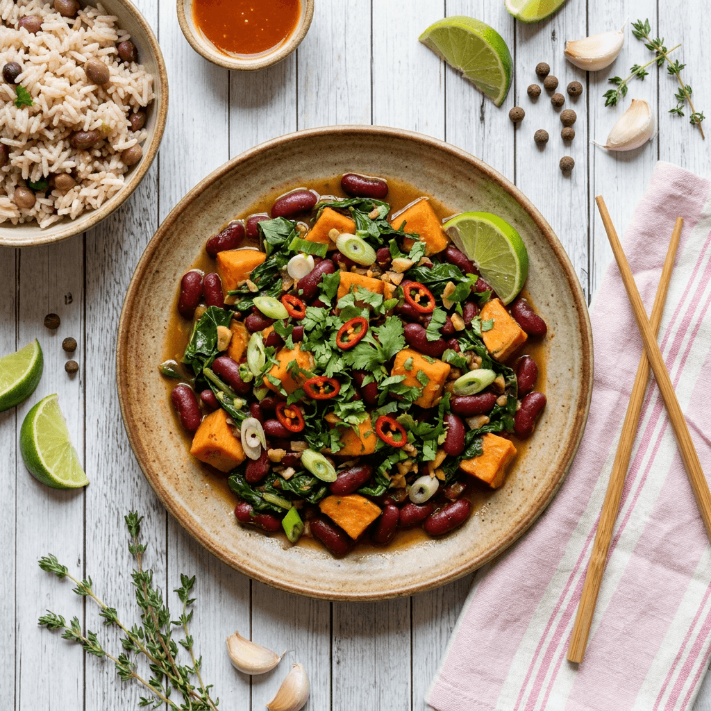 Caribbean-Style Red Kidney Bean and Sweet Potato Stir-Fry with Scallion and Garlic