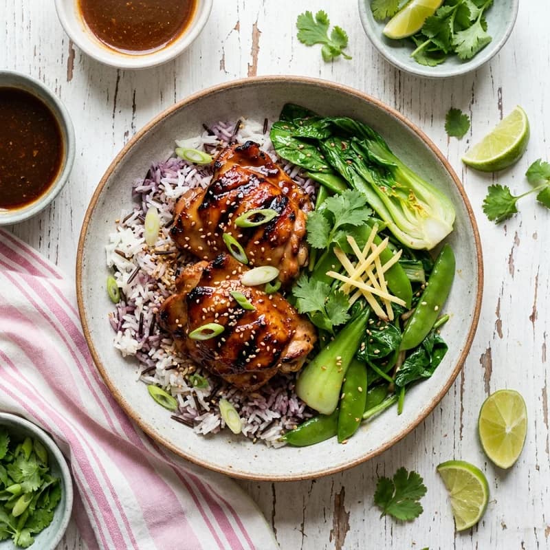 Grilled Sweet Asian Chicken Thighs with Jasmine Rice Blend and Ginger-Sesame Greens