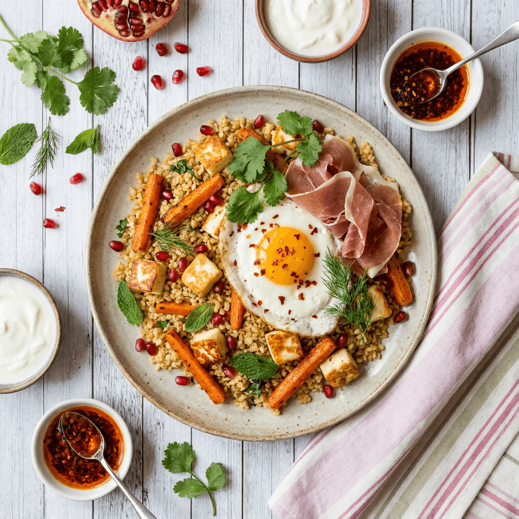 Bulgur and Halloumi Breakfast Pilaf with Serrano and Roasted Carrots