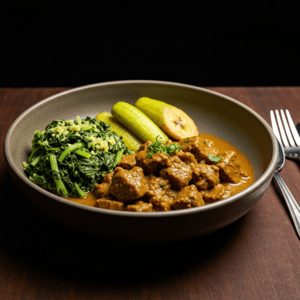 Goat Curry with Steamed Callaloo and Boiled Green Plantains