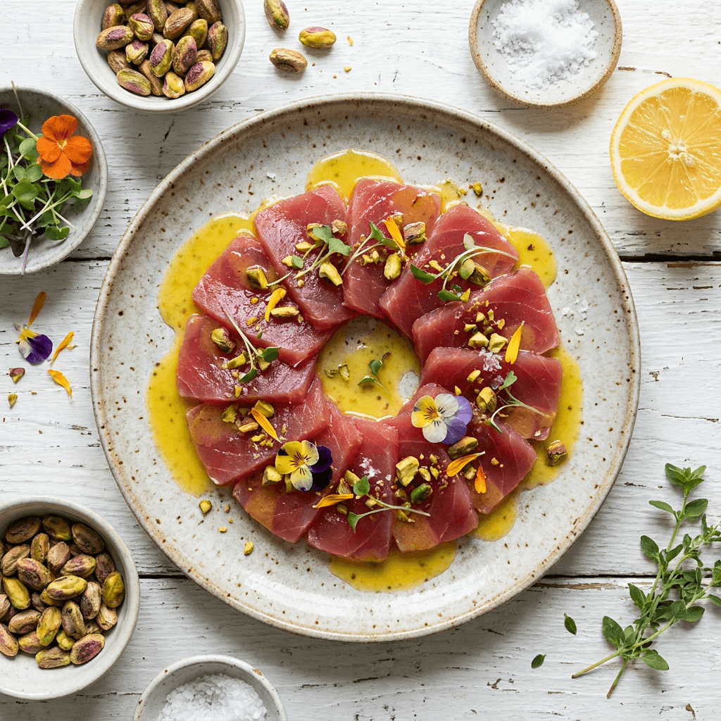 Tuna Crudo with Meyer Lemon Vinaigrette and Toasted Pistachios