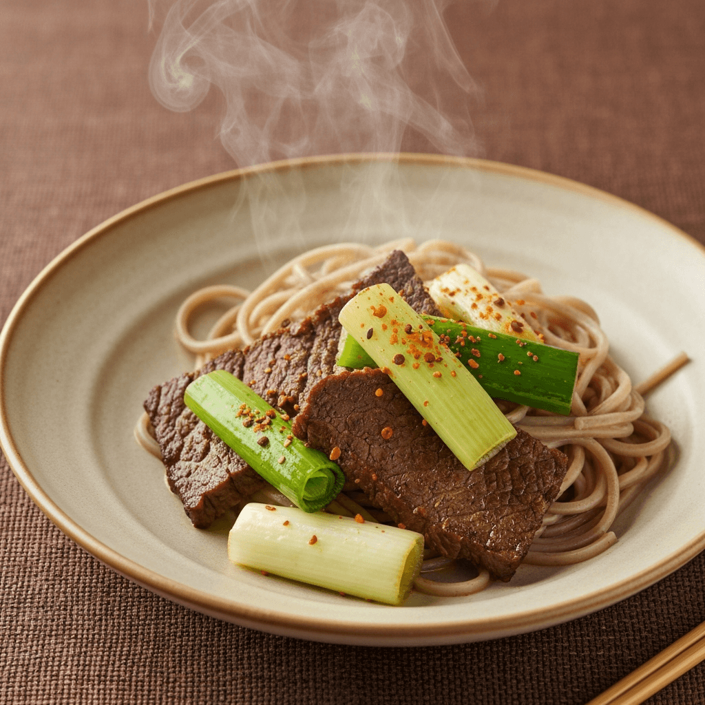 Beef Brisket and Leek Stir-Fry with Shichimi Togarashi and Steamed Soba