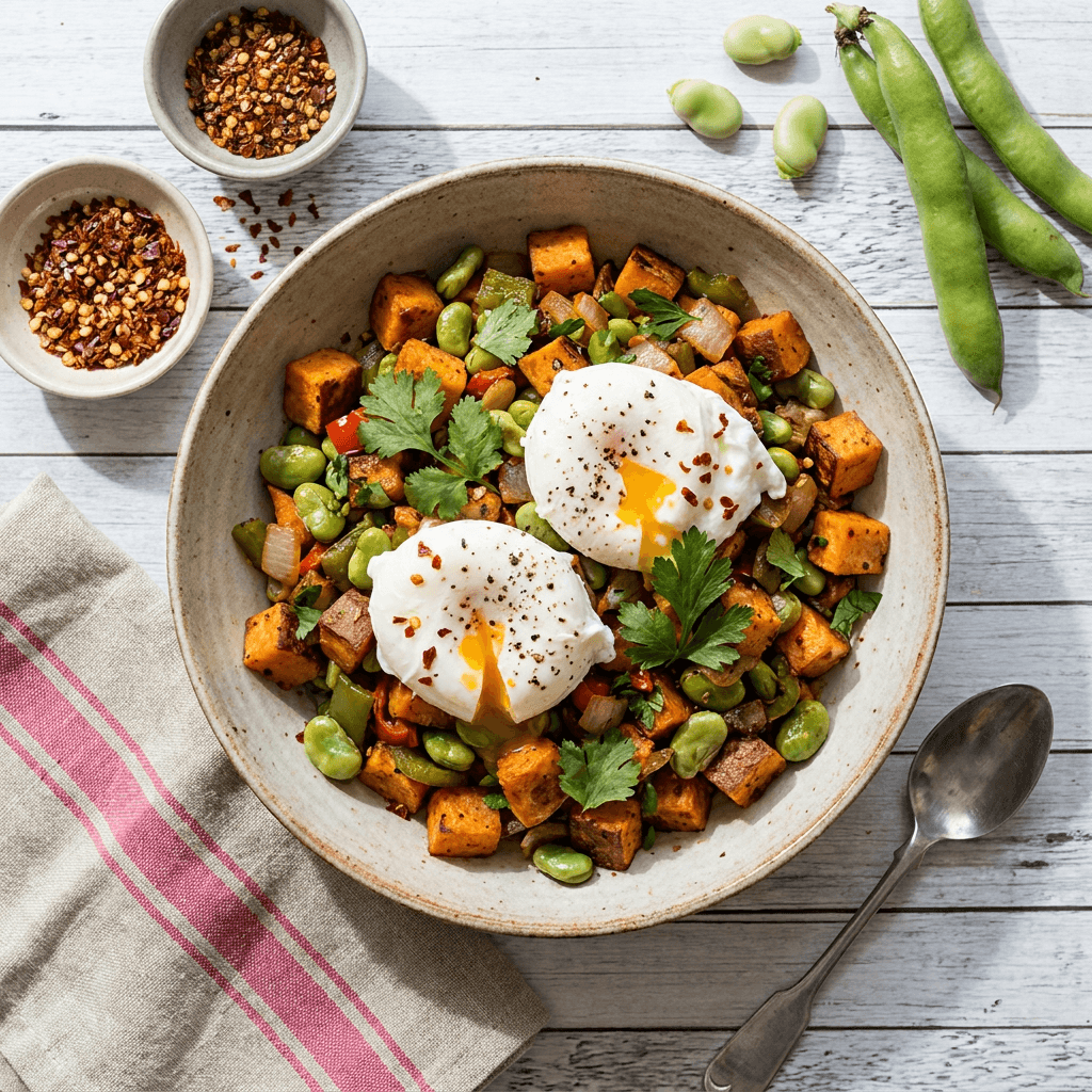 American-Style Roasted Sweet Potato and Fava Bean Hash with Poached Eggs