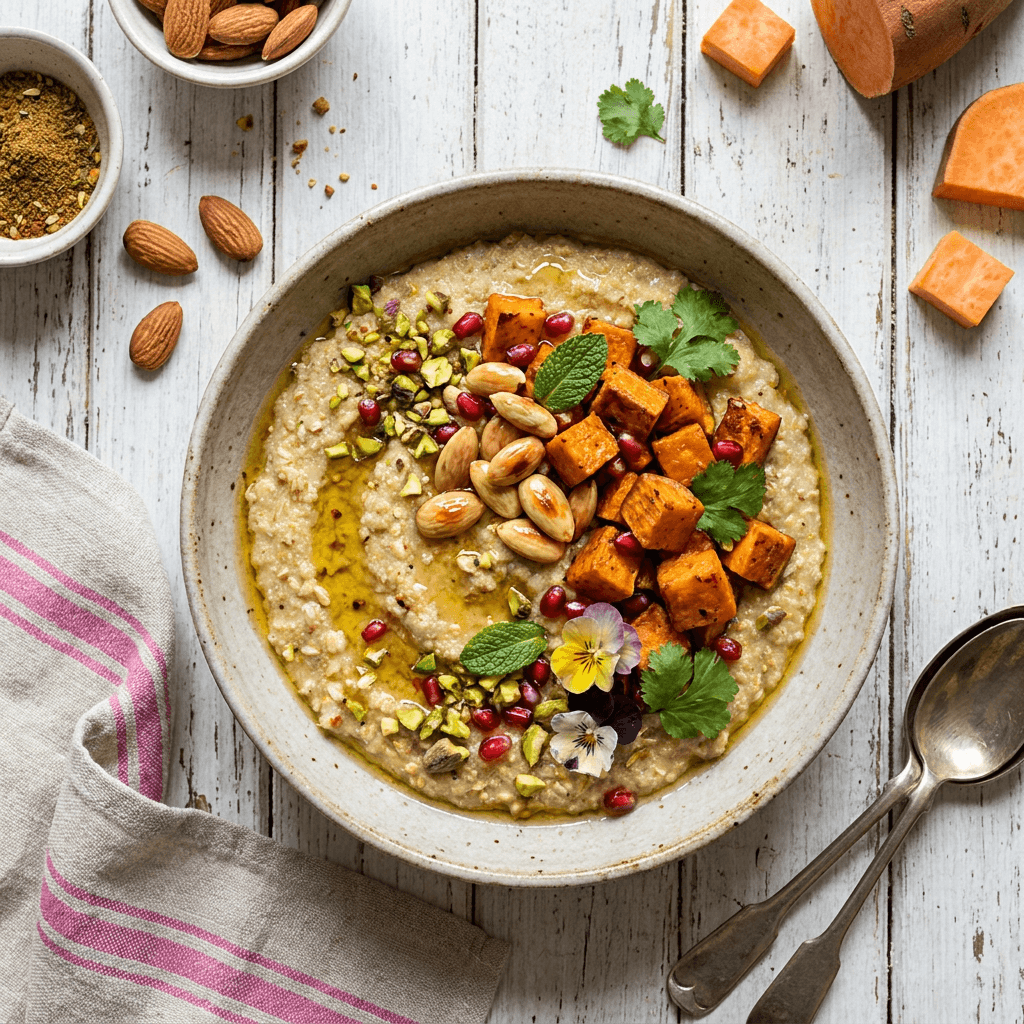 Moroccan-Style Spiced Semolina and Oat Porridge with Roasted Sweet Potato and Toasted Almonds
