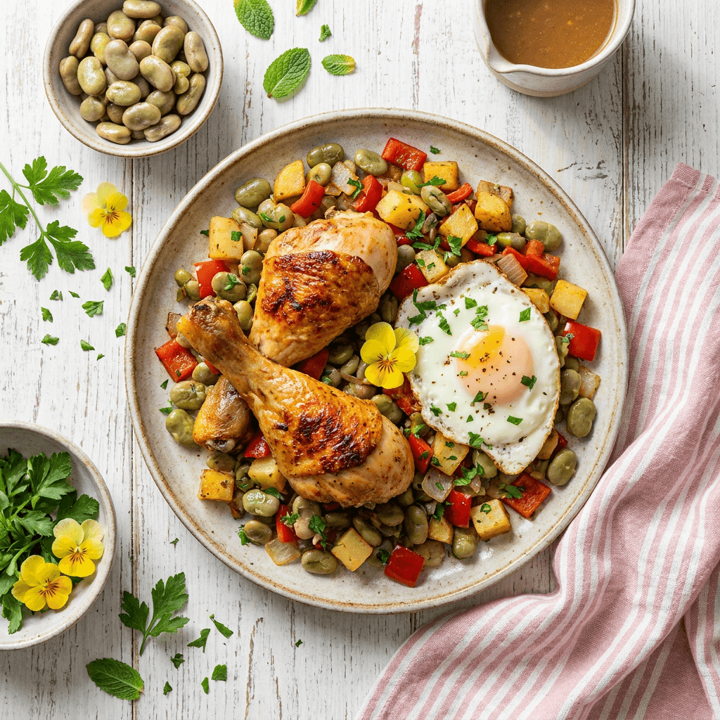 Roasted Chicken Drumstick and Fava Bean Breakfast Hash