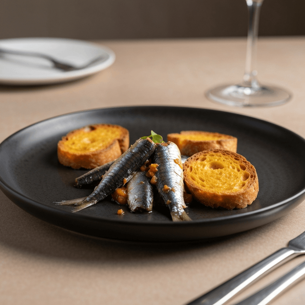 Sardinas en Escabeche con Tostadas de Camote