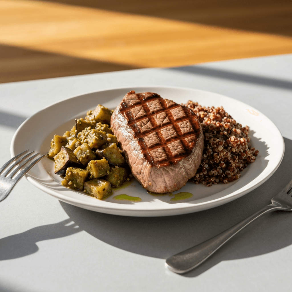 Grilled Grass-Fed Top Sirloin with Za'atar Spiced Eggplant and Red Quinoa Blend