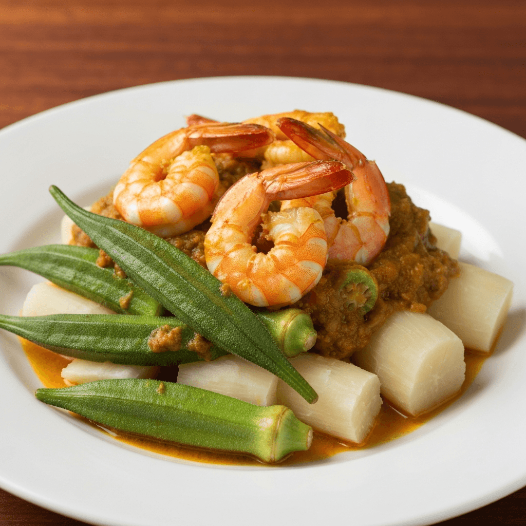 Caribbean Curried Shrimp with Steamed Okra and Boiled Yucca
