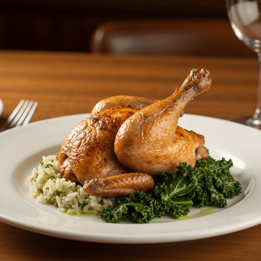 Pollo al Horno con Arroz y Kale Estofado (Roasted Chicken with Herb-Infused Rice and Braised Tuscan Kale)