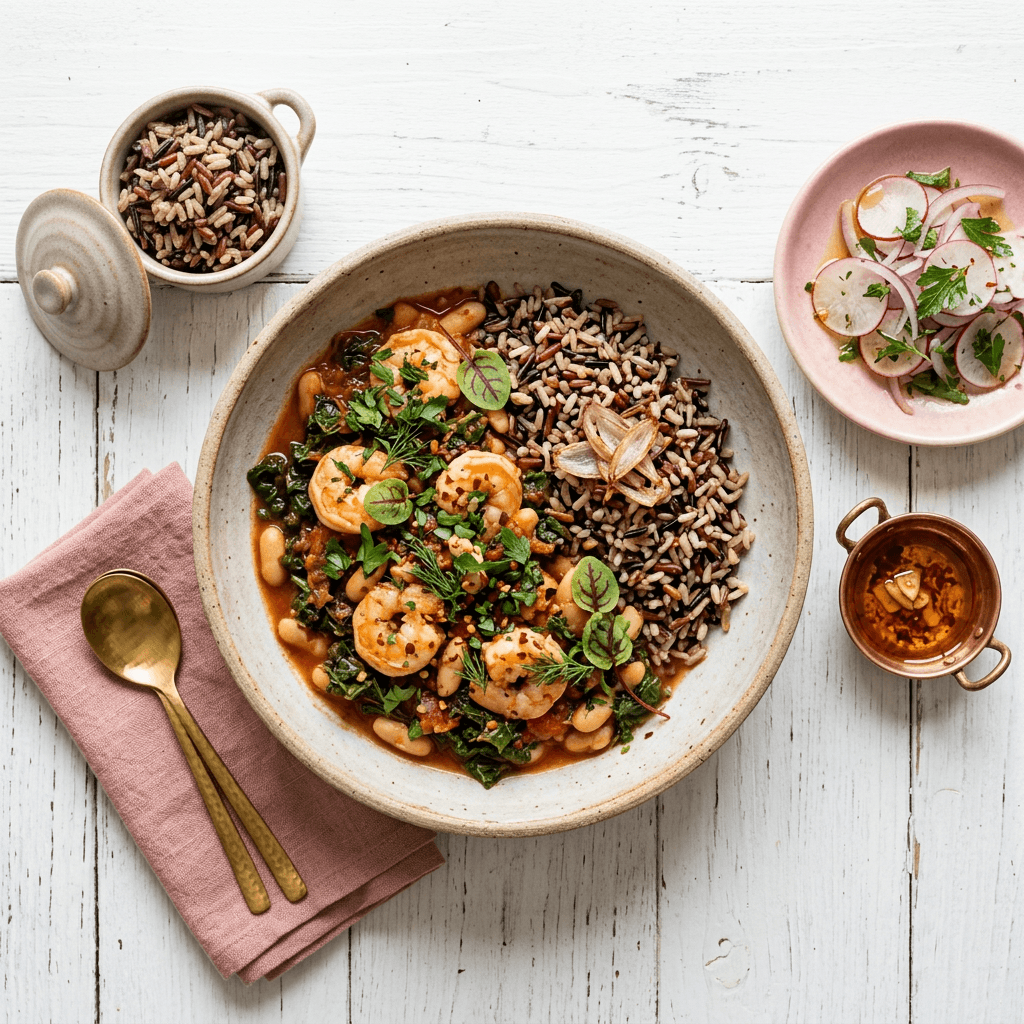 Shrimp and Tuscan Kale Ragout with Wild Rice Blend